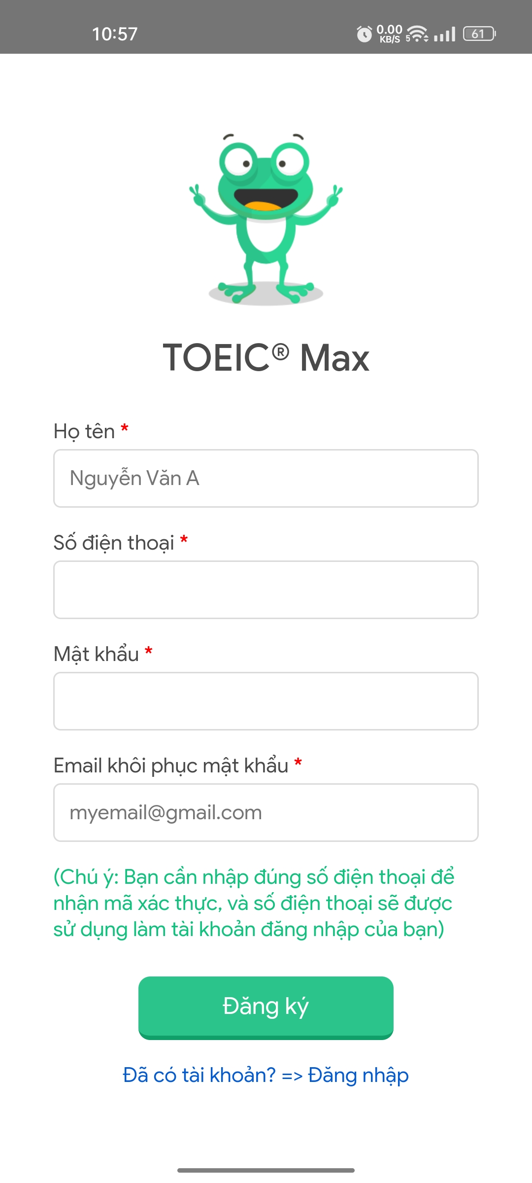 nhập đầy đủ thông tin