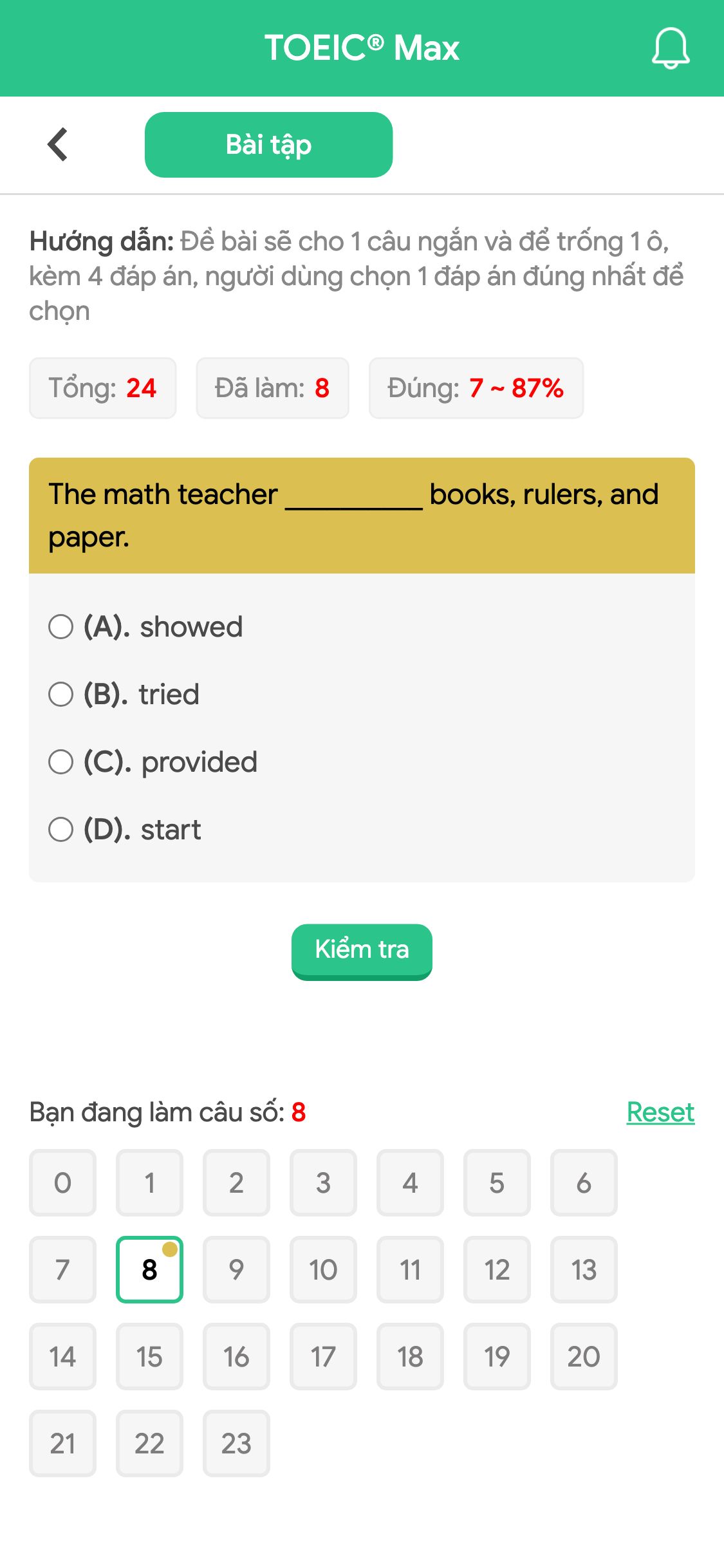 The math teacher __________ books, rulers, and paper.