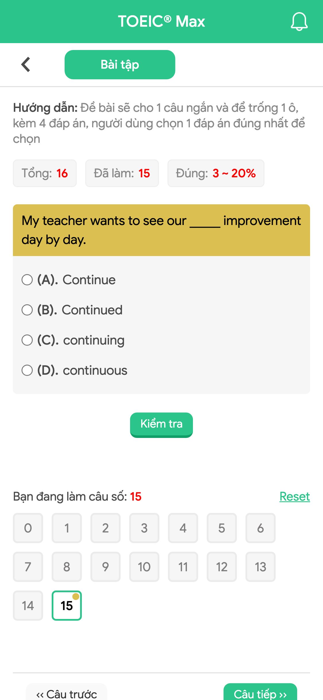 My teacher wants to see our _____ improvement day by day.