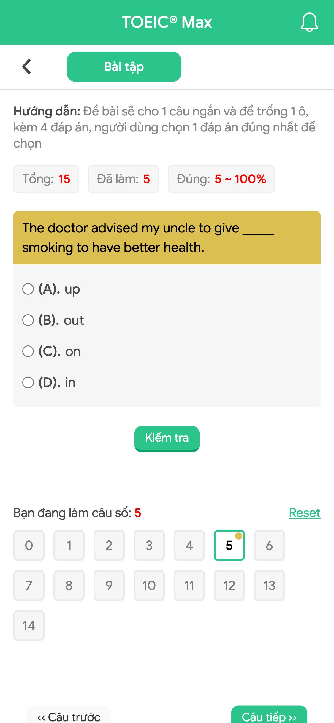 The doctor advised my uncle to give _____ smoking to have better health.