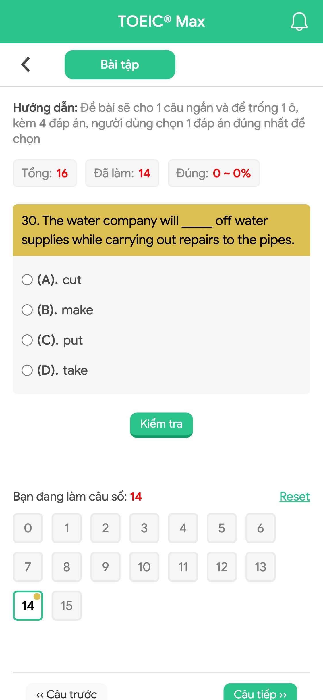 30. The water company will _____ off water supplies while carrying out repairs to the pipes.