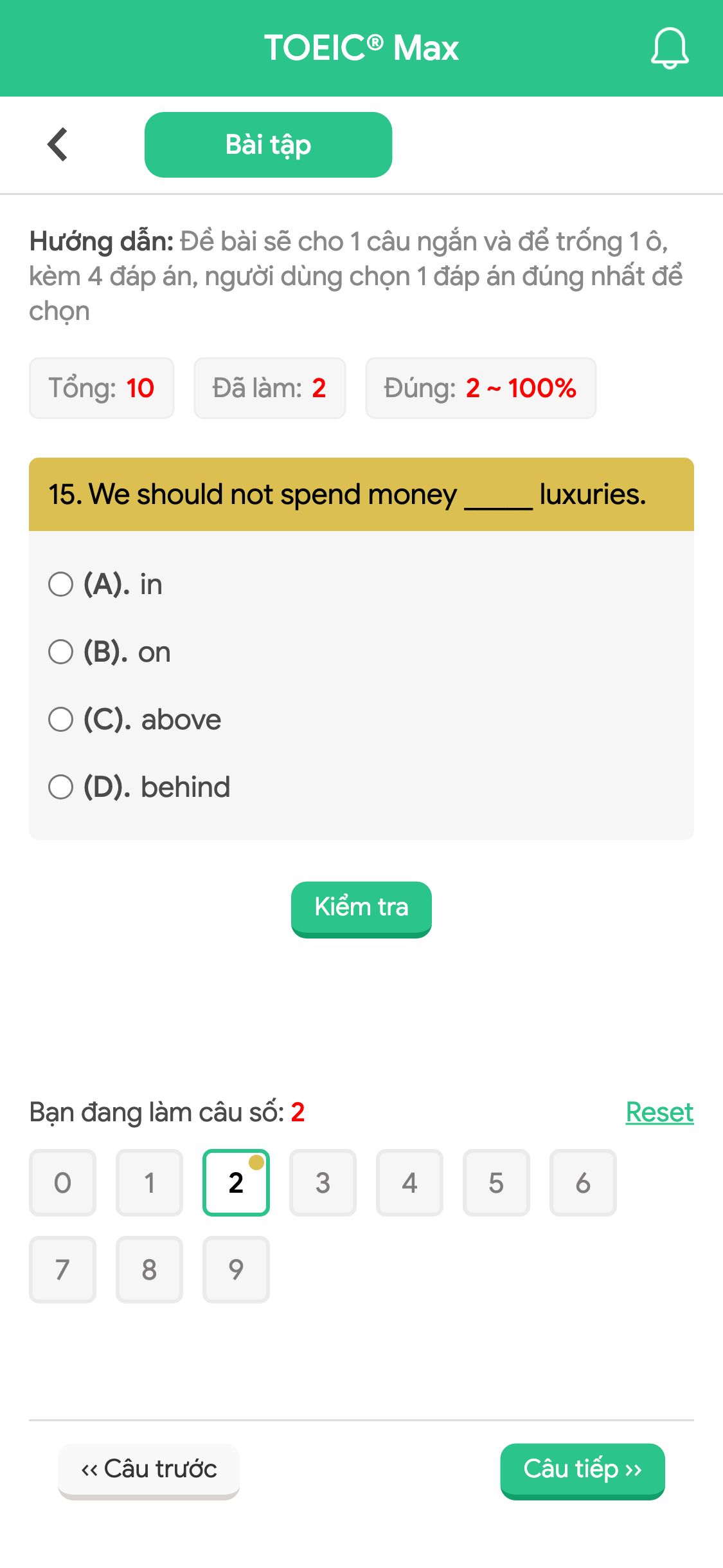 15. We should not spend money _____ luxuries.