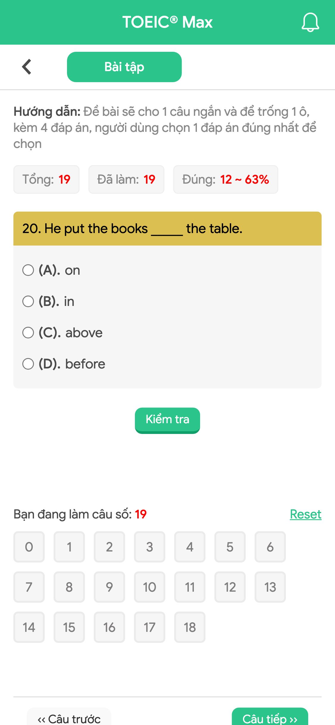 20. He put the books _____ the table.