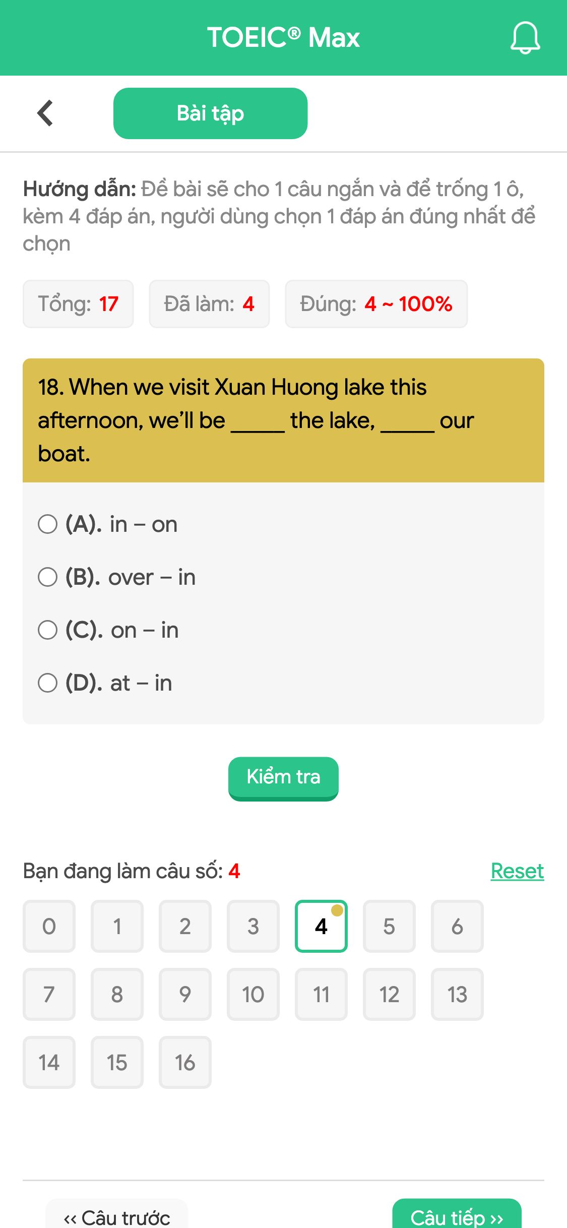18. When we visit Xuan Huong lake this afternoon, we’ll be _____ the lake, _____ our boat.