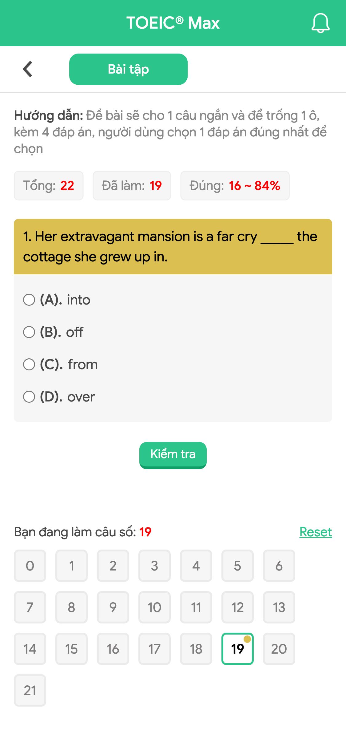 1. Her extravagant mansion is a far cry _____ the cottage she grew up in.