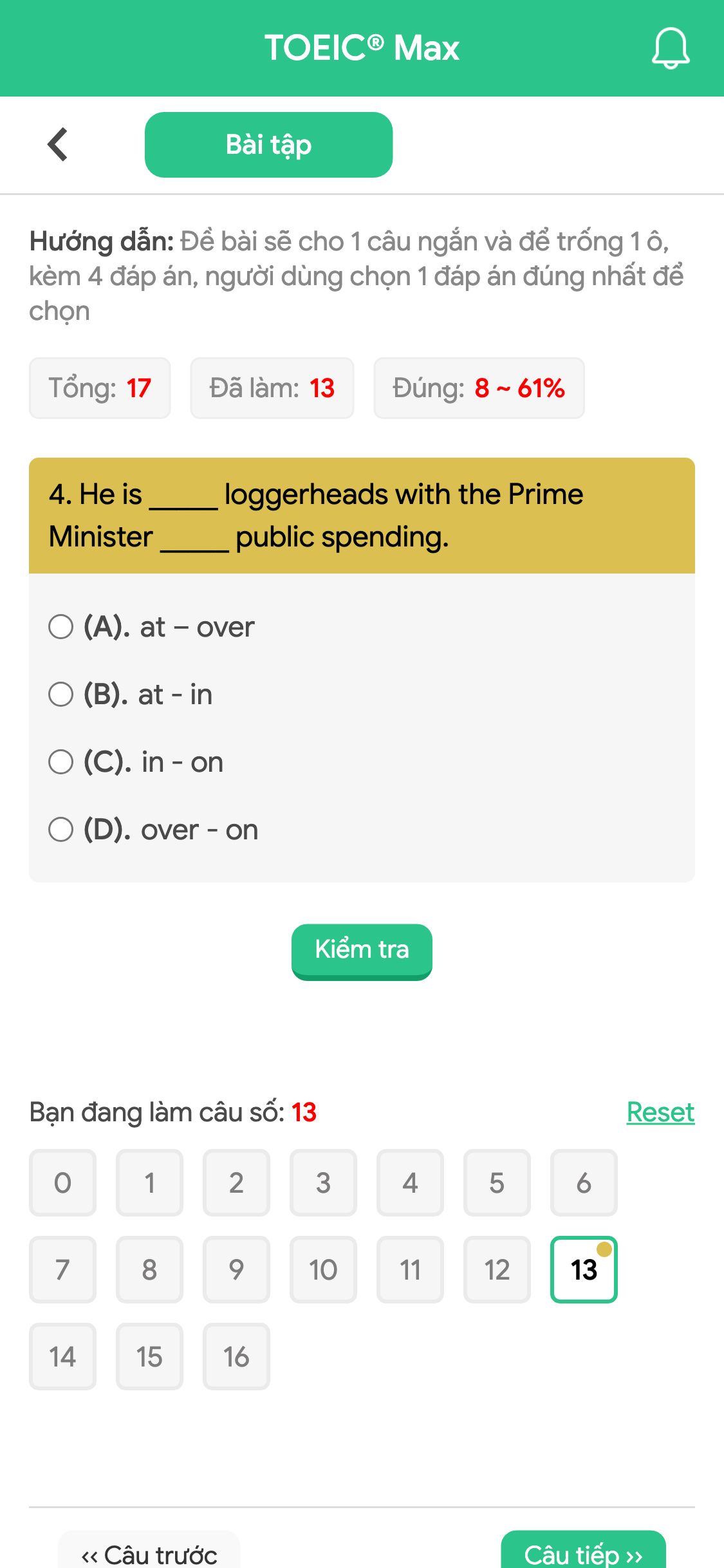 4. He is _____ loggerheads with the Prime Minister _____ public spending.