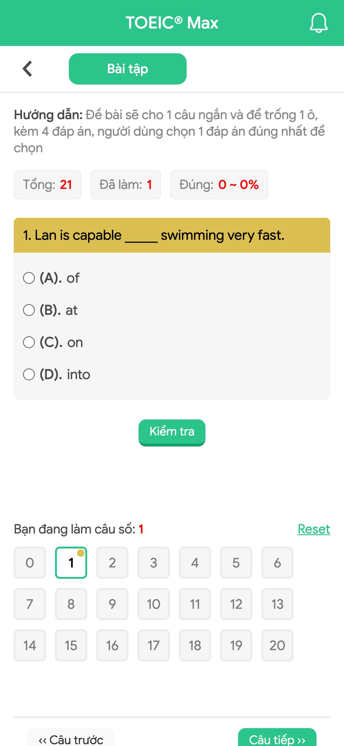1. Lan is capable _____ swimming very fast.