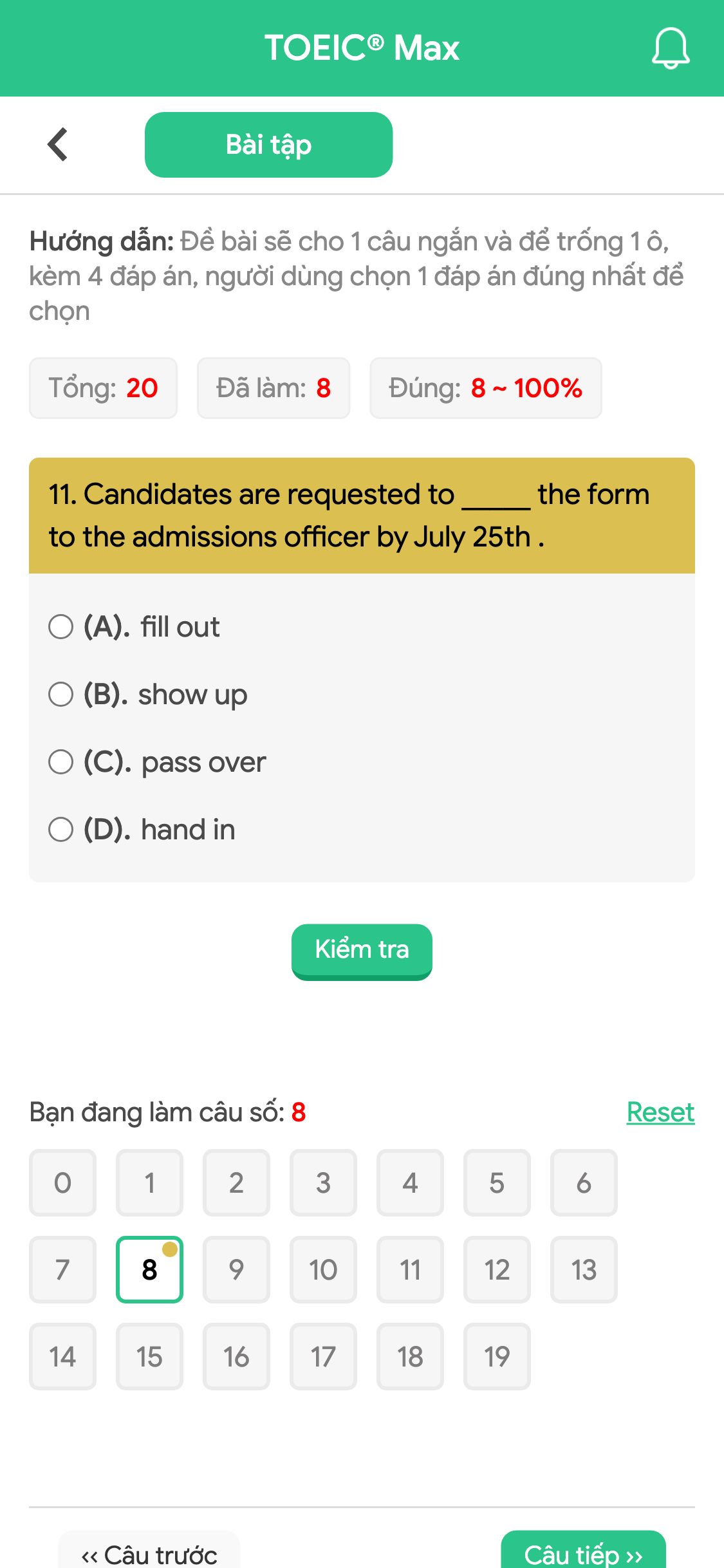 11. Candidates are requested to _____ the form to the admissions officer by July 25th .