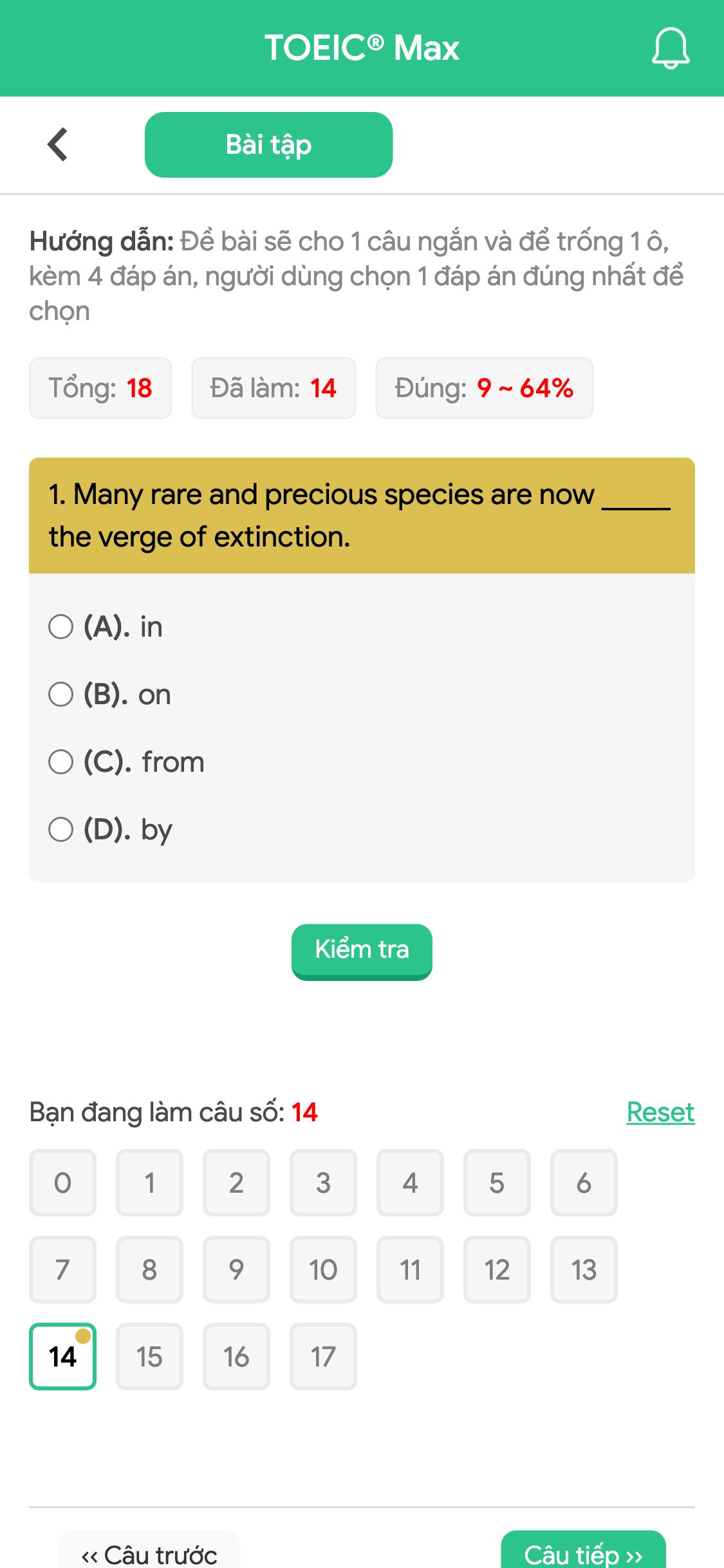 1. Many rare and precious species are now _____ the verge of extinction.