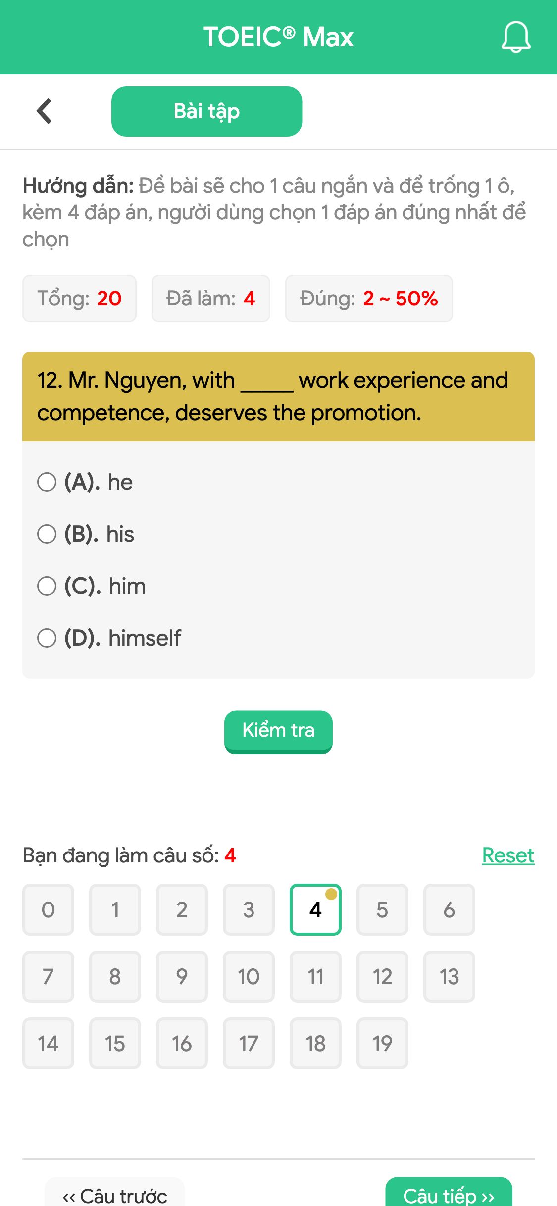 12. Mr. Nguyen, with _____ work experience and competence, deserves the promotion.
