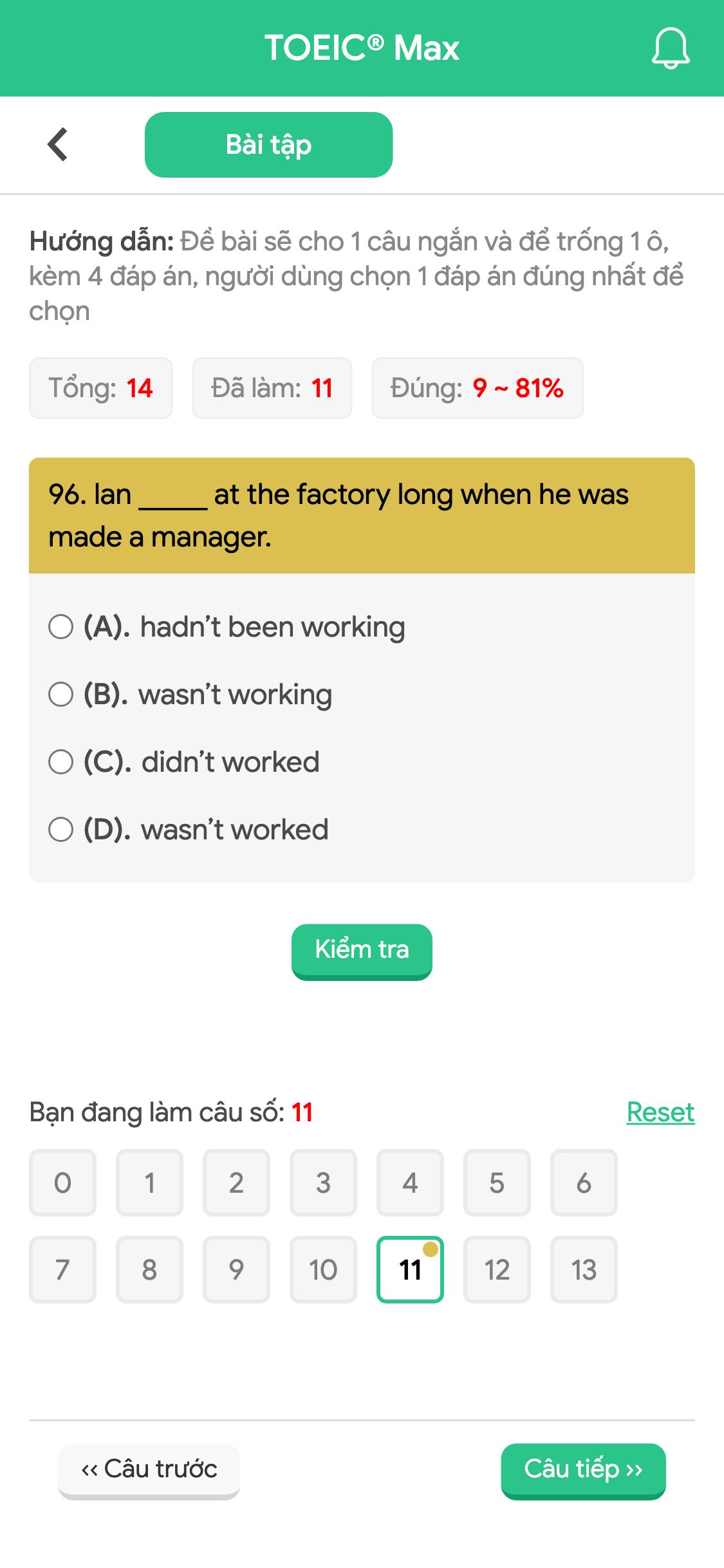 96. Ian _____ at the factory long when he was made a manager.