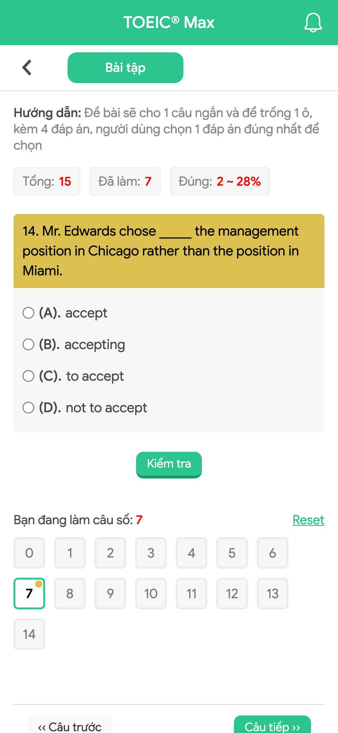14. Mr. Edwards chose _____ the management position in Chicago rather than the position in Miami.