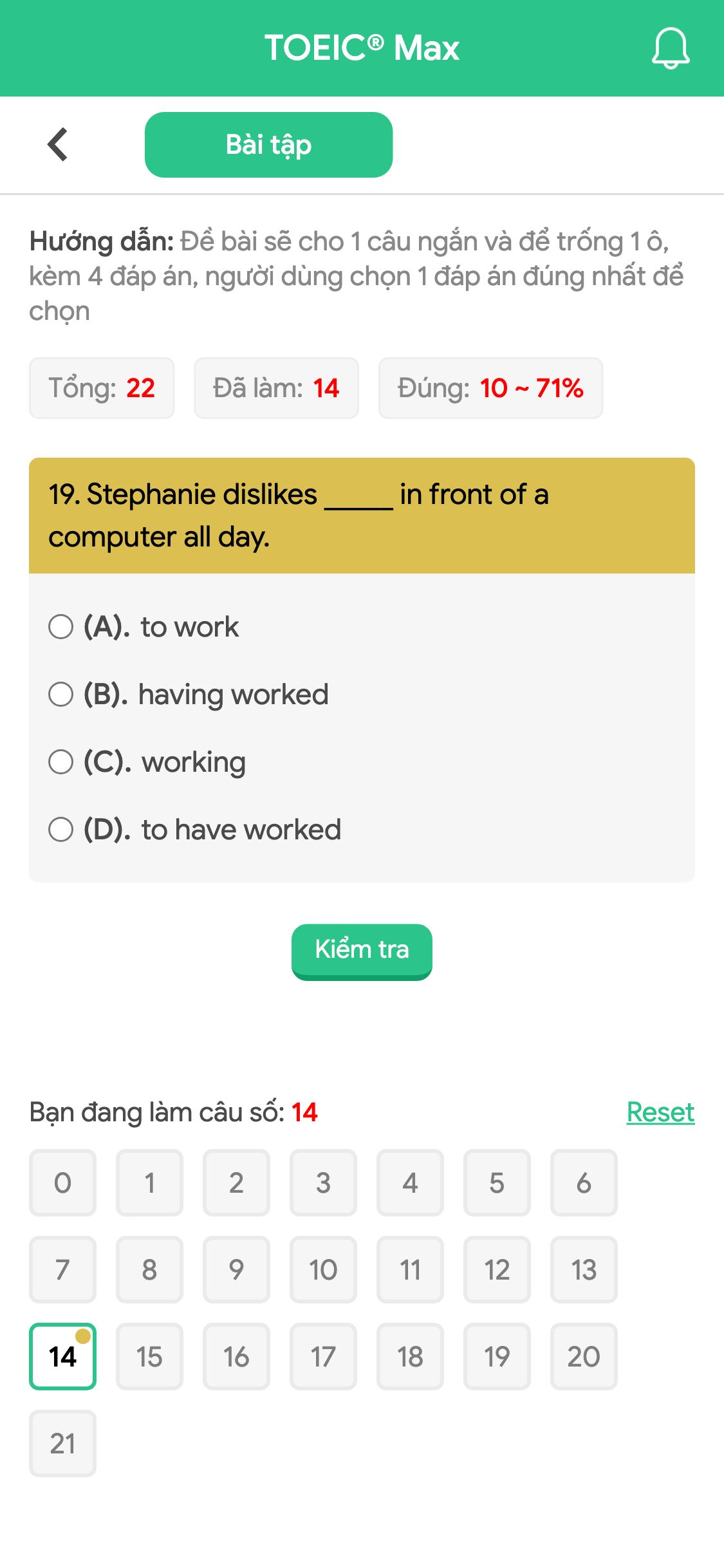 19. Stephanie dislikes _____ in front of a computer all day.