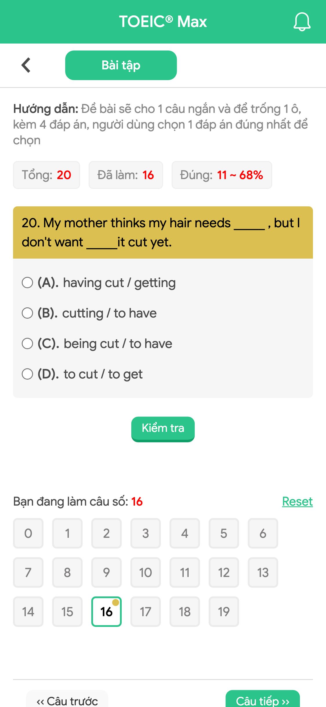 20. My mother thinks my hair needs _____ , but I don't want _____it cut yet.