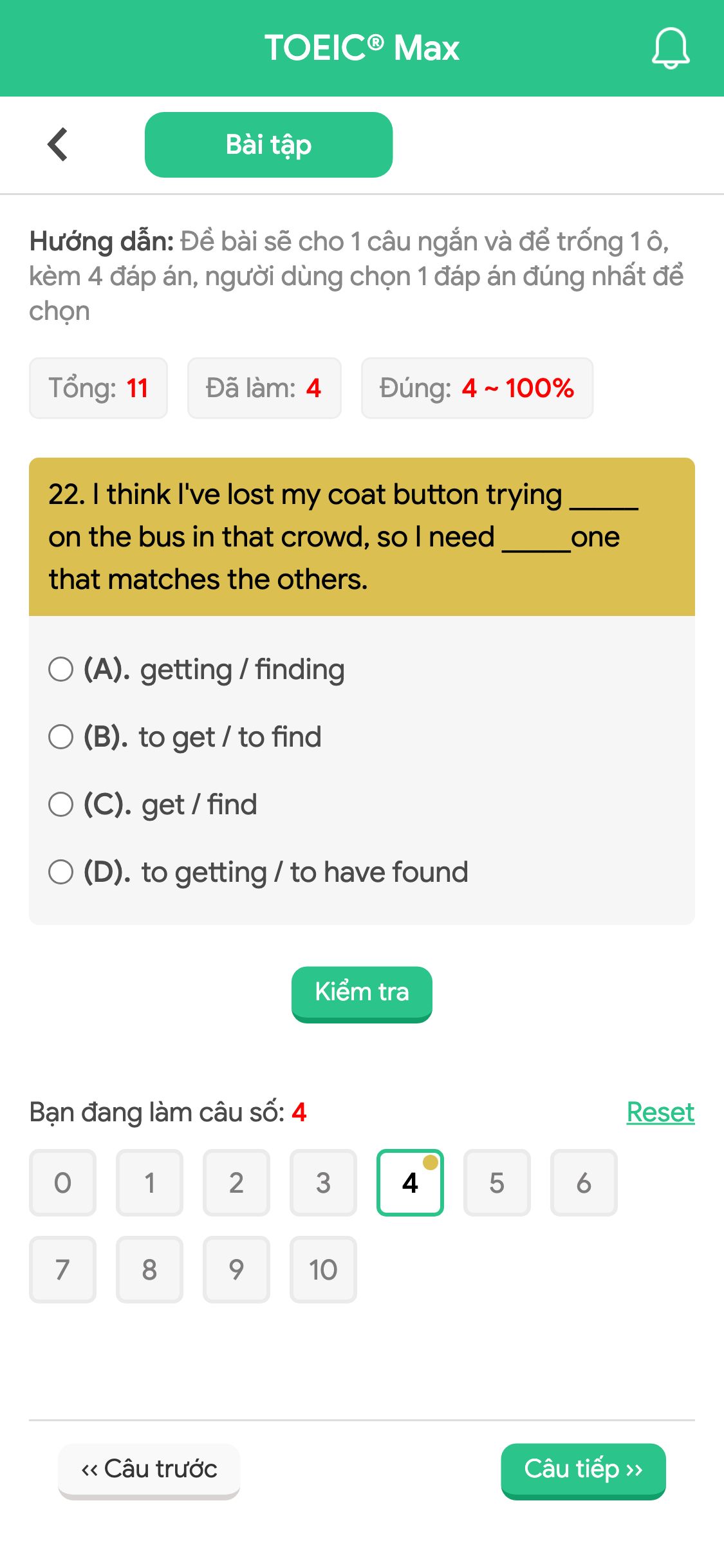 22. I think I've lost my coat button trying _____ on the bus in that crowd, so I need _____one that matches the others.