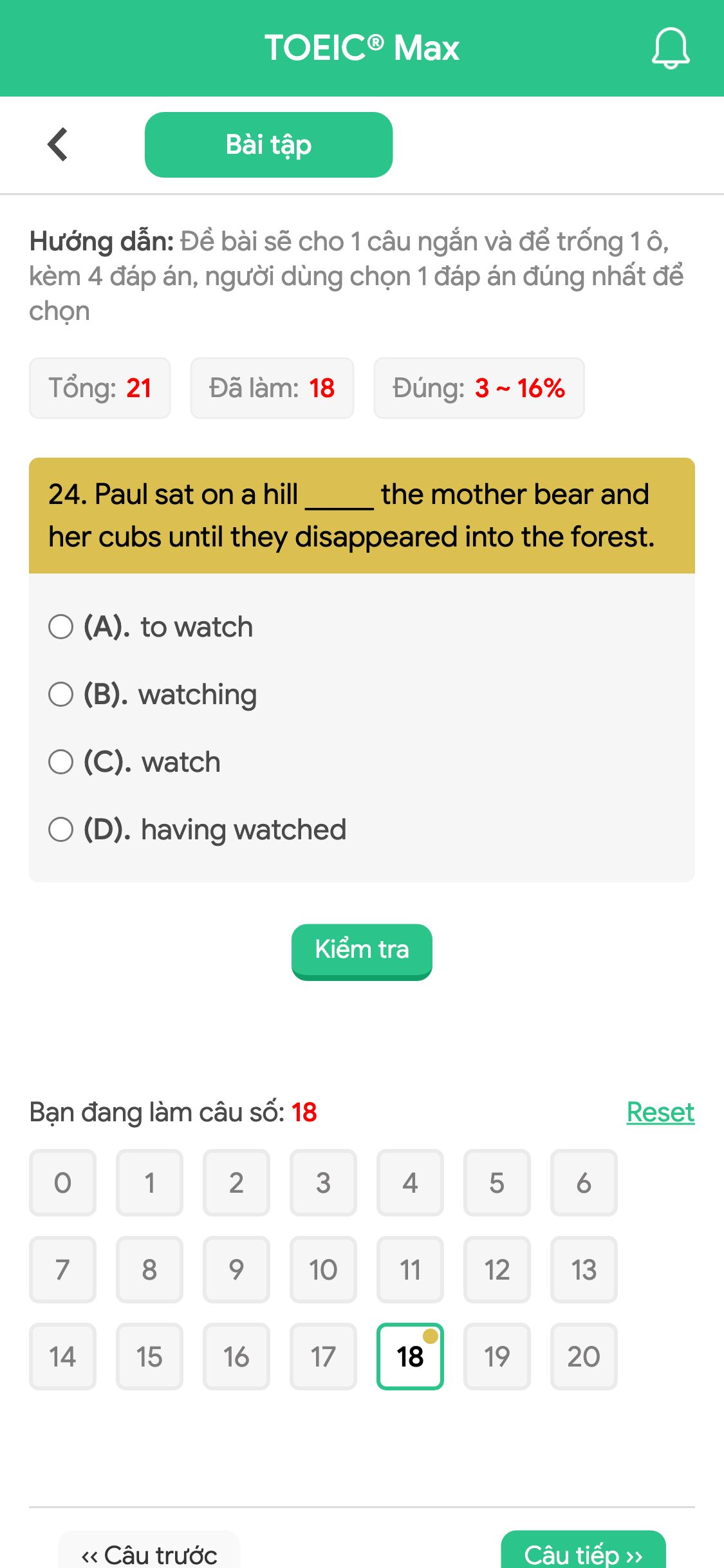 24. Paul sat on a hill _____ the mother bear and her cubs until they disappeared into the forest.