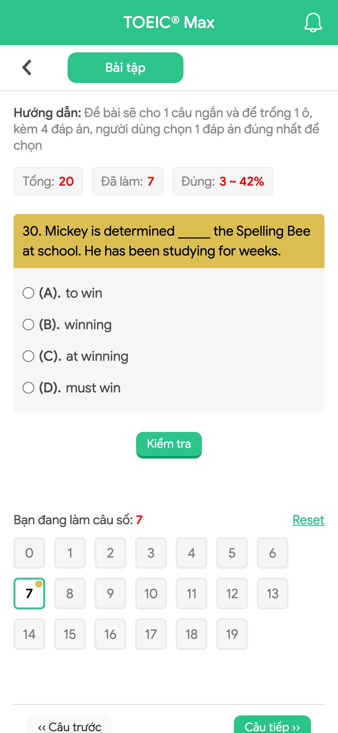 30. Mickey is determined _____ the Spelling Bee at school. He has been studying for weeks.