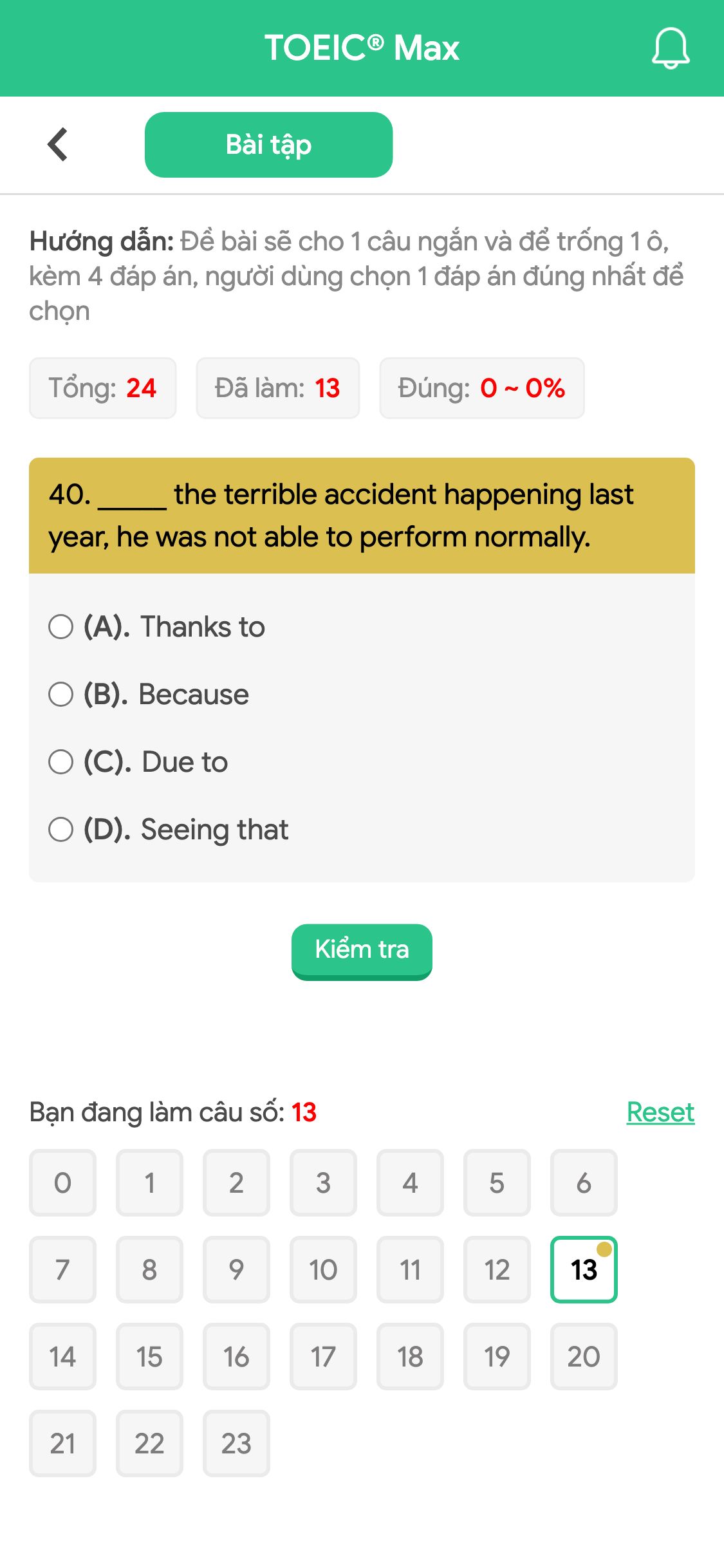 40. _____ the terrible accident happening last year, he was not able to perform normally.