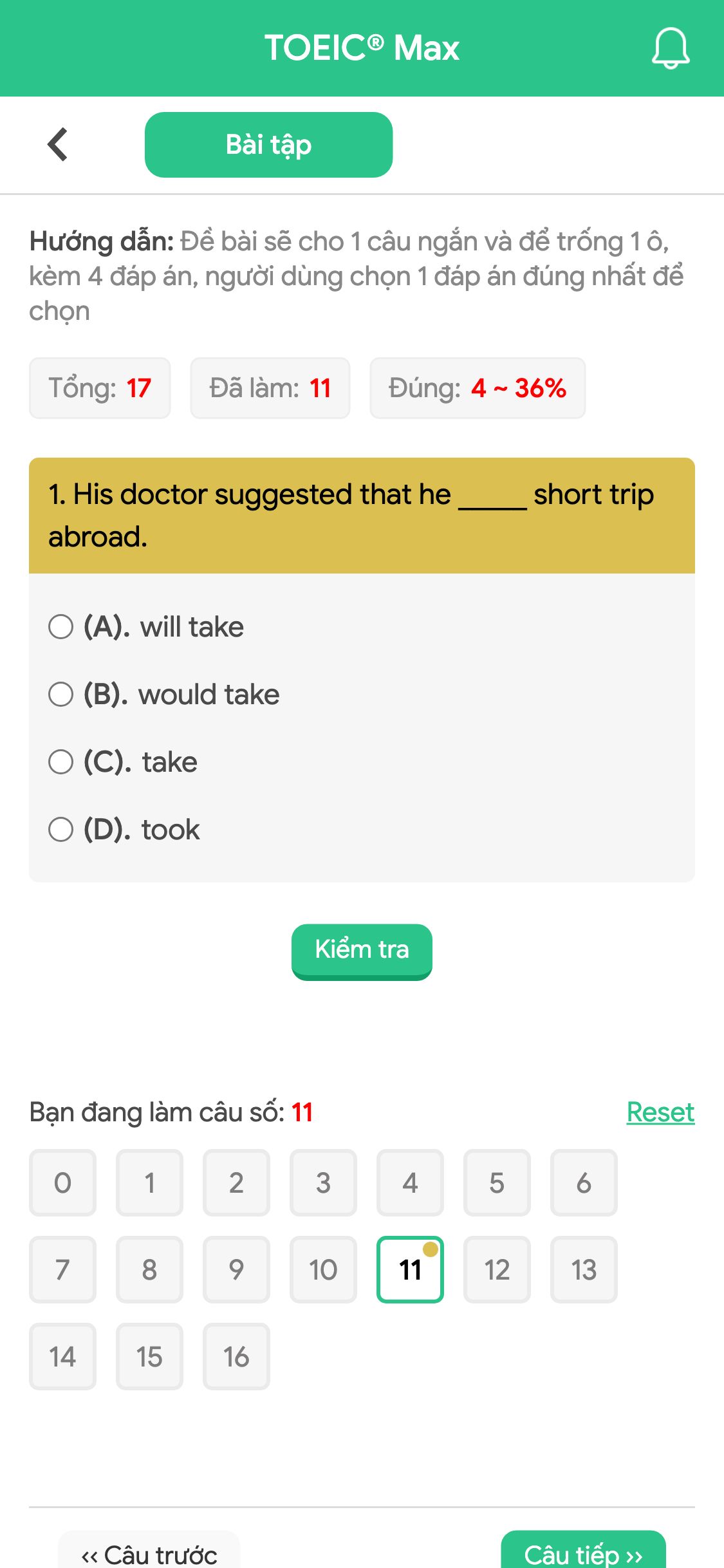 1. His doctor suggested that he _____ short trip abroad.