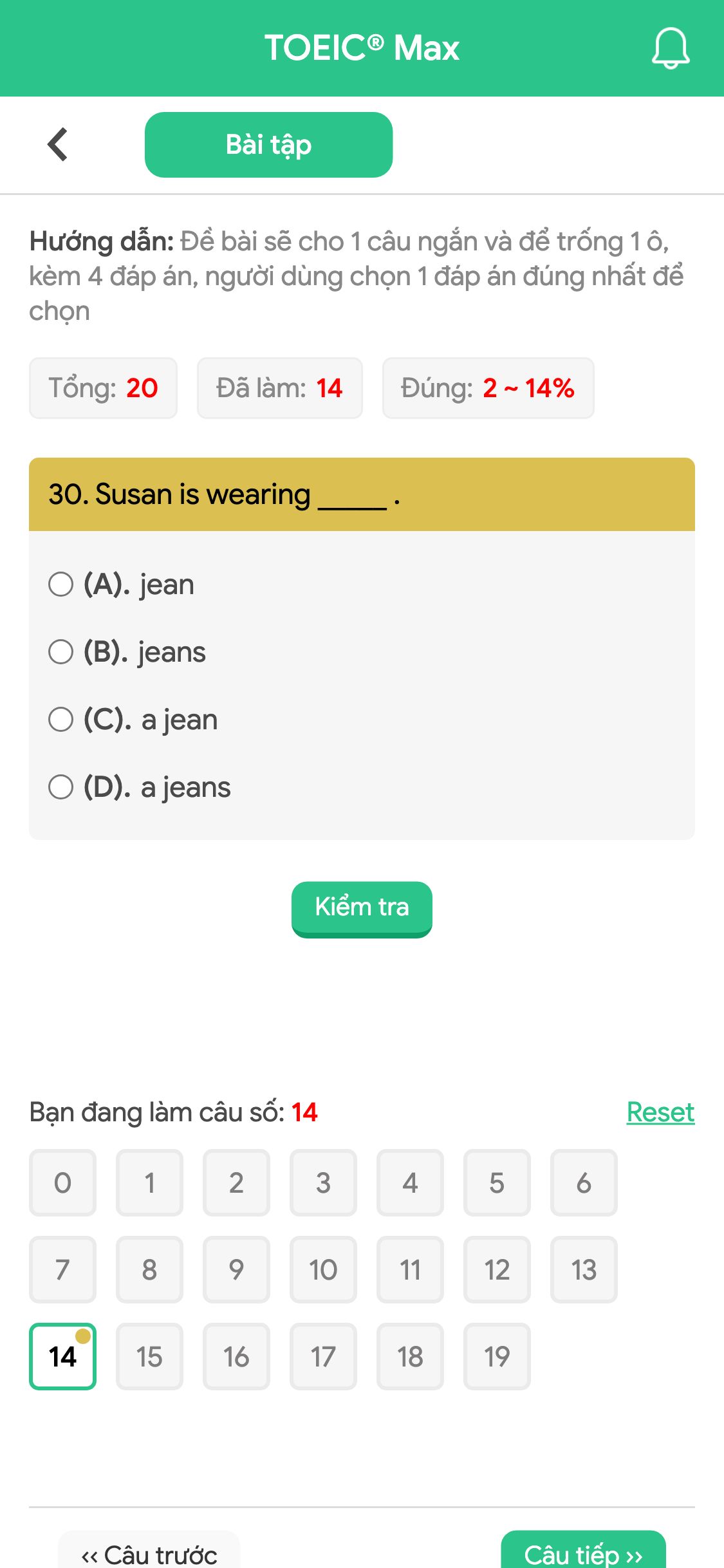 30. Susan is wearing _____ .