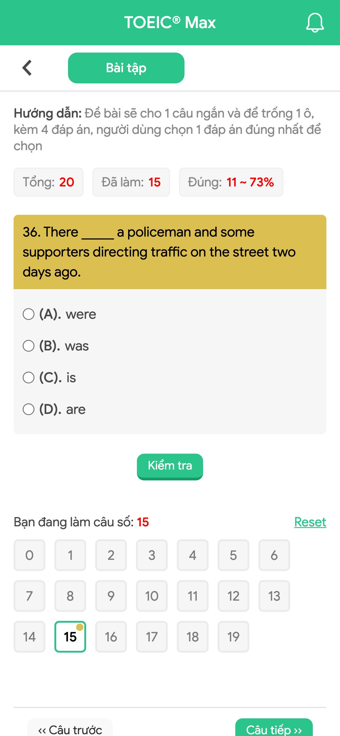 36. There _____ a policeman and some supporters directing traffic on the street two days ago.