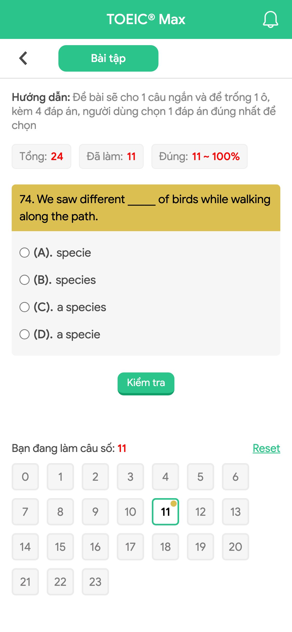 74. We saw different _____ of birds while walking along the path.