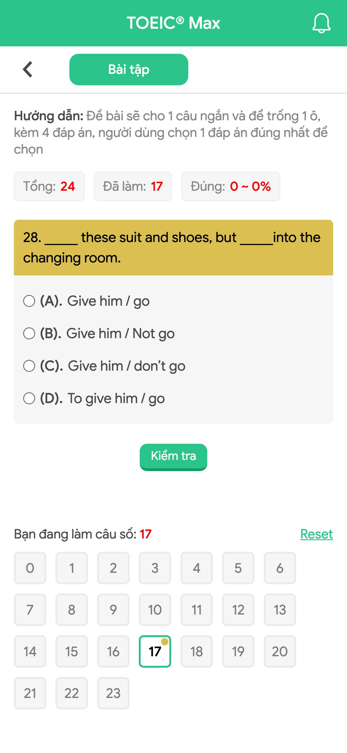 28. _____ these suit and shoes, but _____into the changing room.