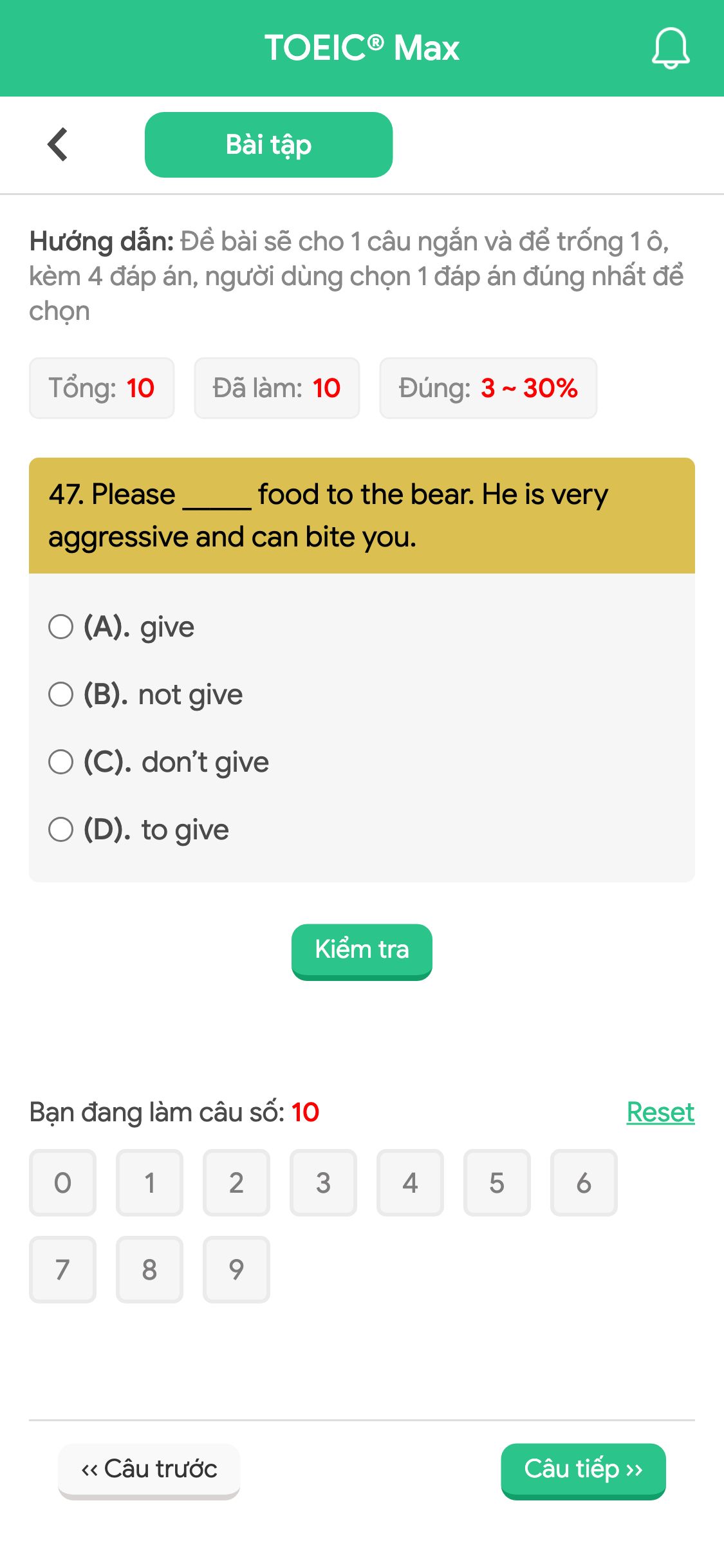 47. Please _____ food to the bear. He is very aggressive and can bite you.
