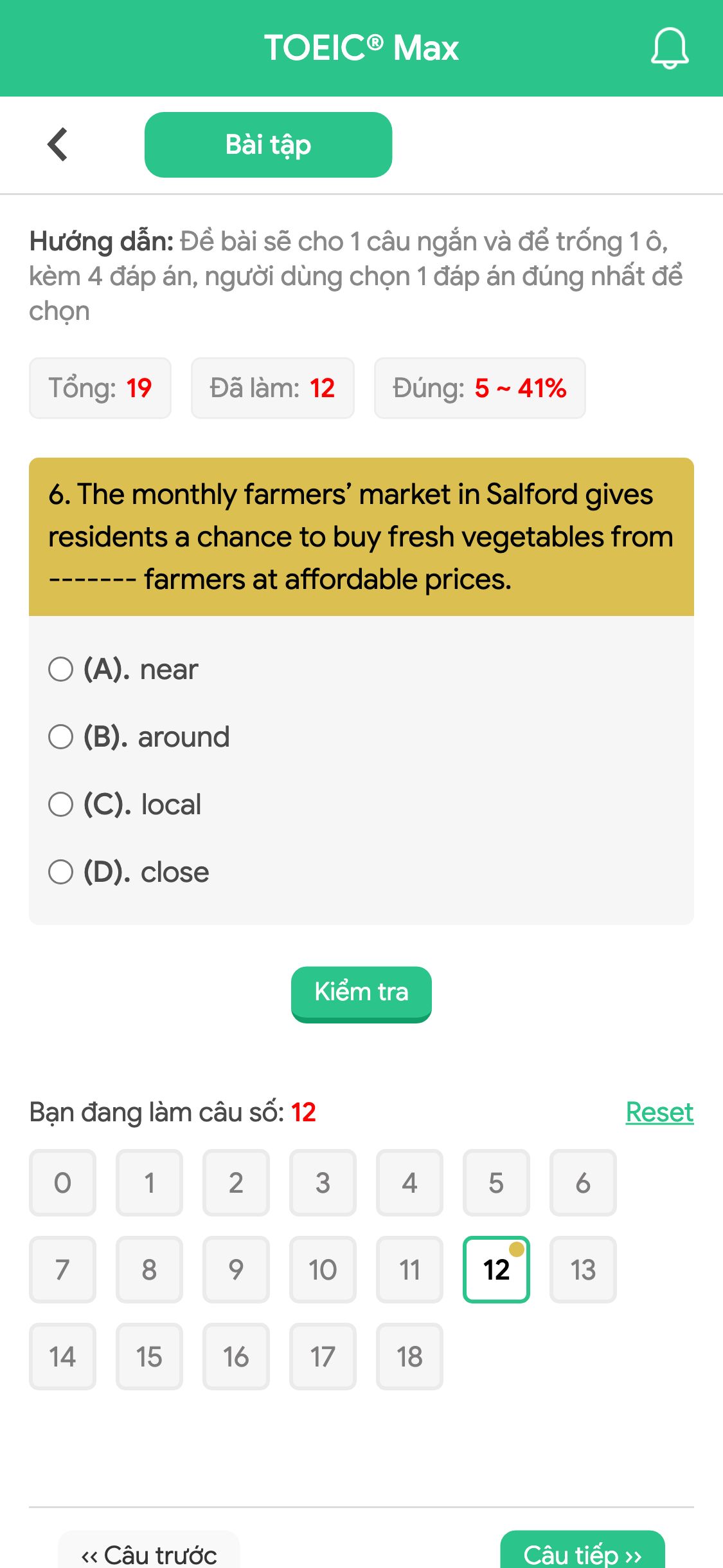 6. The monthly farmers’ market in Salford gives residents a chance to buy fresh vegetables from ------- farmers at affordable prices.