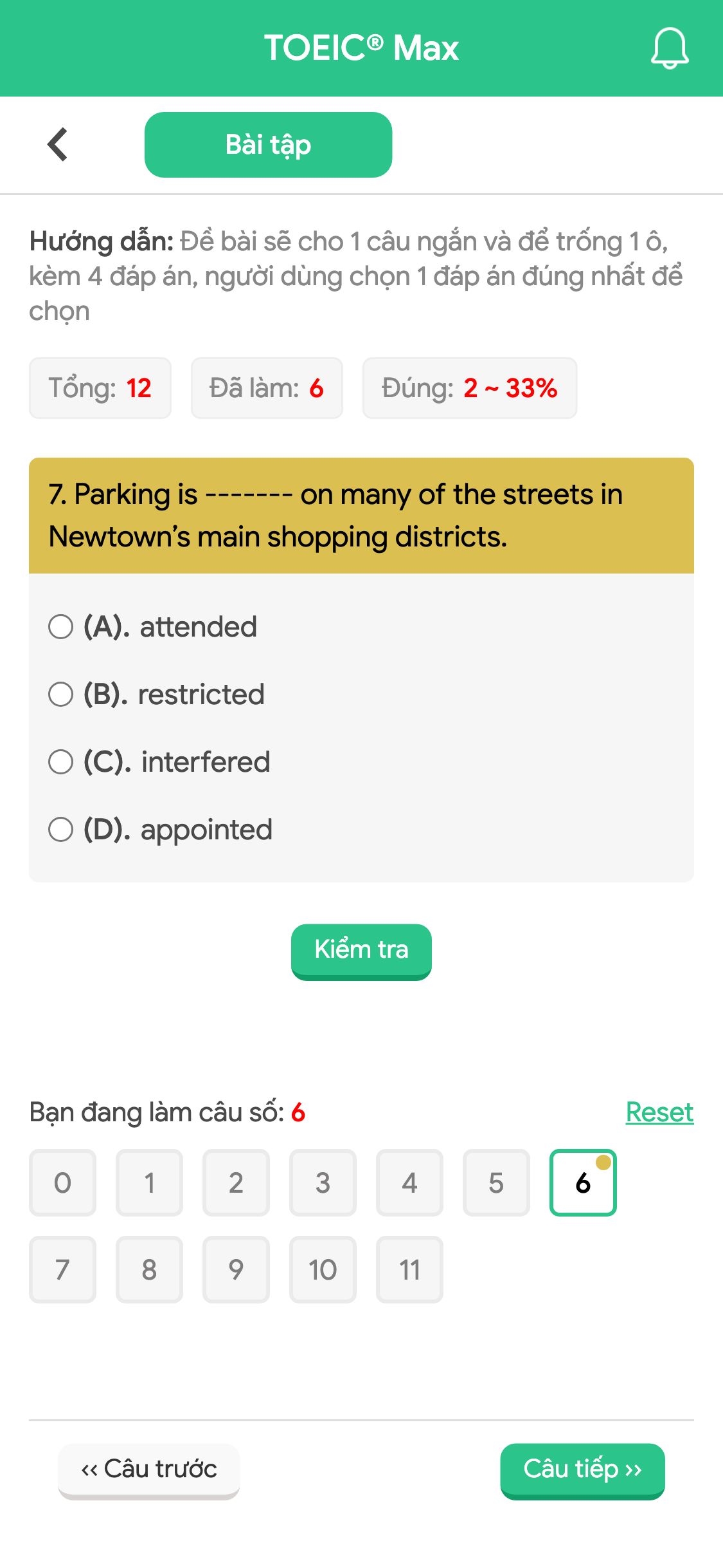 7. Parking is ------- on many of the streets in Newtown’s main shopping districts.