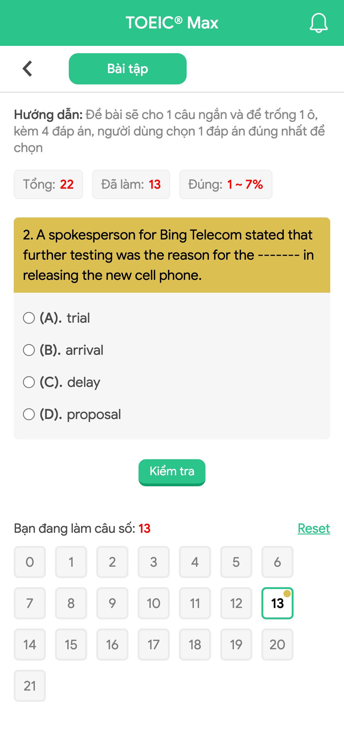 2. A spokesperson for Bing Telecom stated that further testing was the reason for the ------- in releasing the new cell phone.