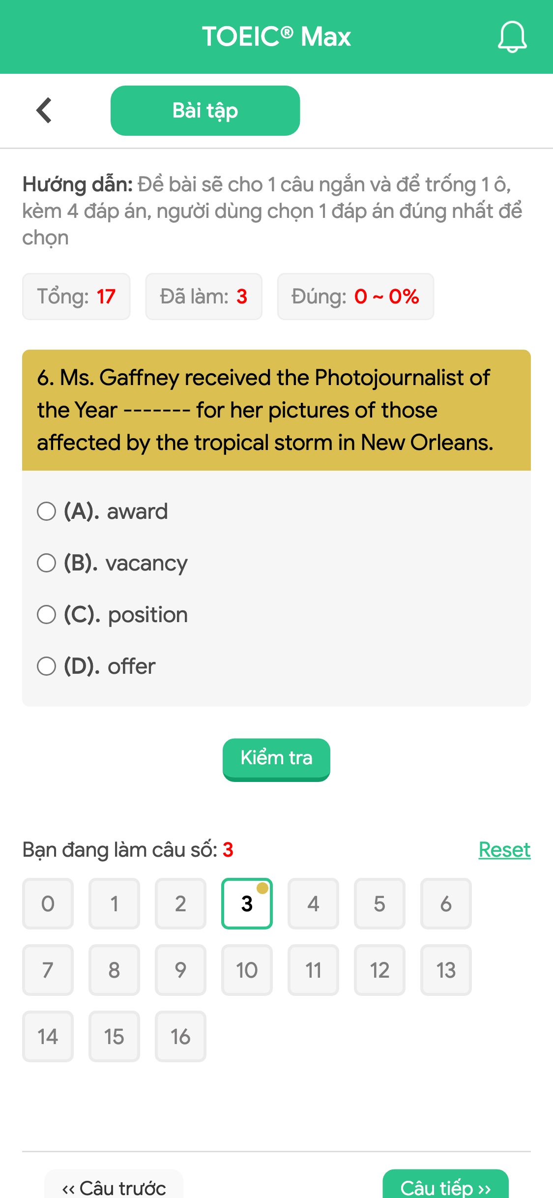 6. Ms. Gaffney received the Photojournalist of the Year ------- for her pictures of those affected by the tropical storm in New Orleans.