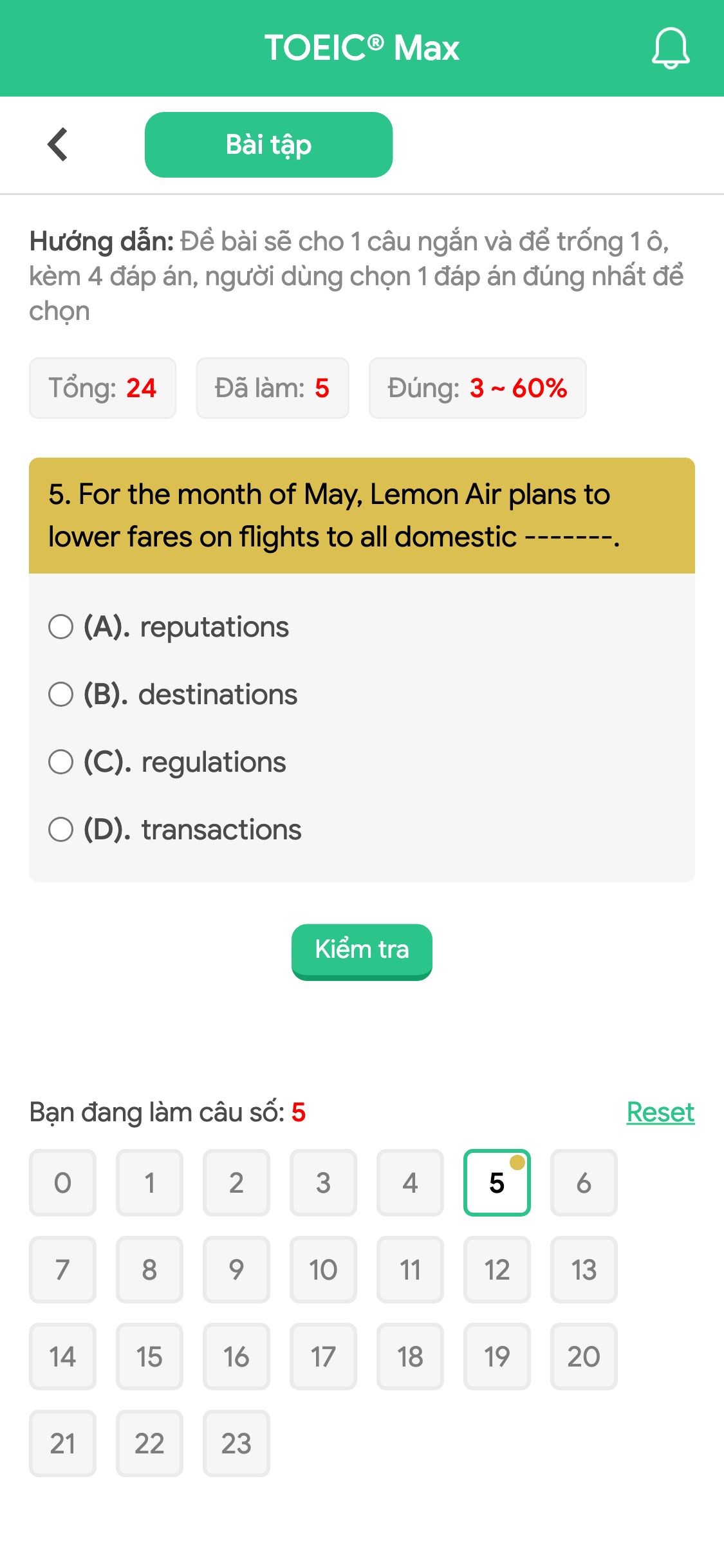 5. For the month of May, Lemon Air plans to lower fares on flights to all domestic -------.