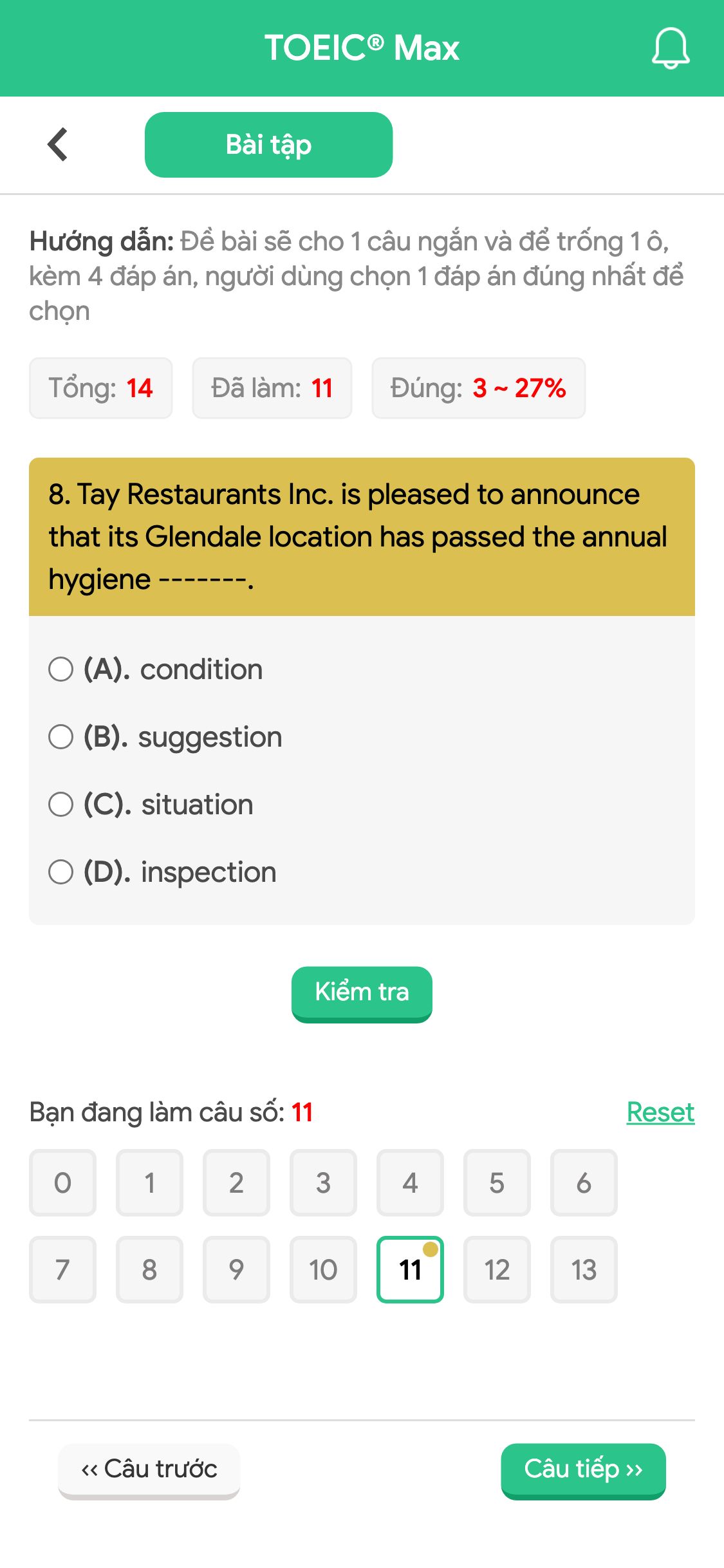 8. Tay Restaurants Inc. is pleased to announce that its Glendale location has passed the annual hygiene -------.