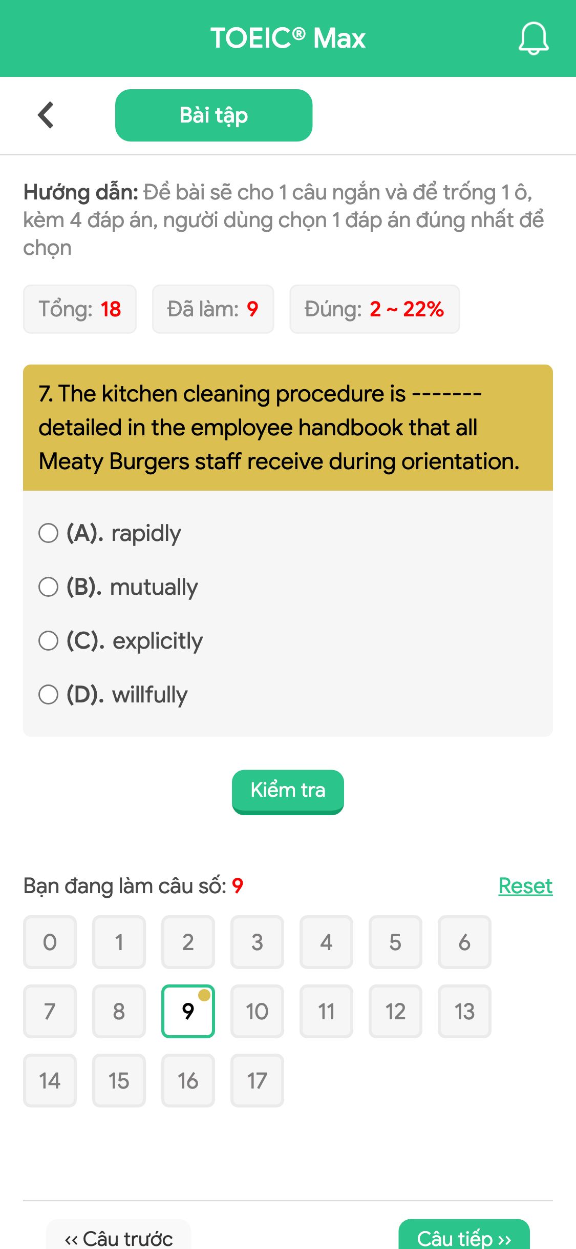7. The kitchen cleaning procedure is ------- detailed in the employee handbook that all Meaty Burgers staff receive during orientation.