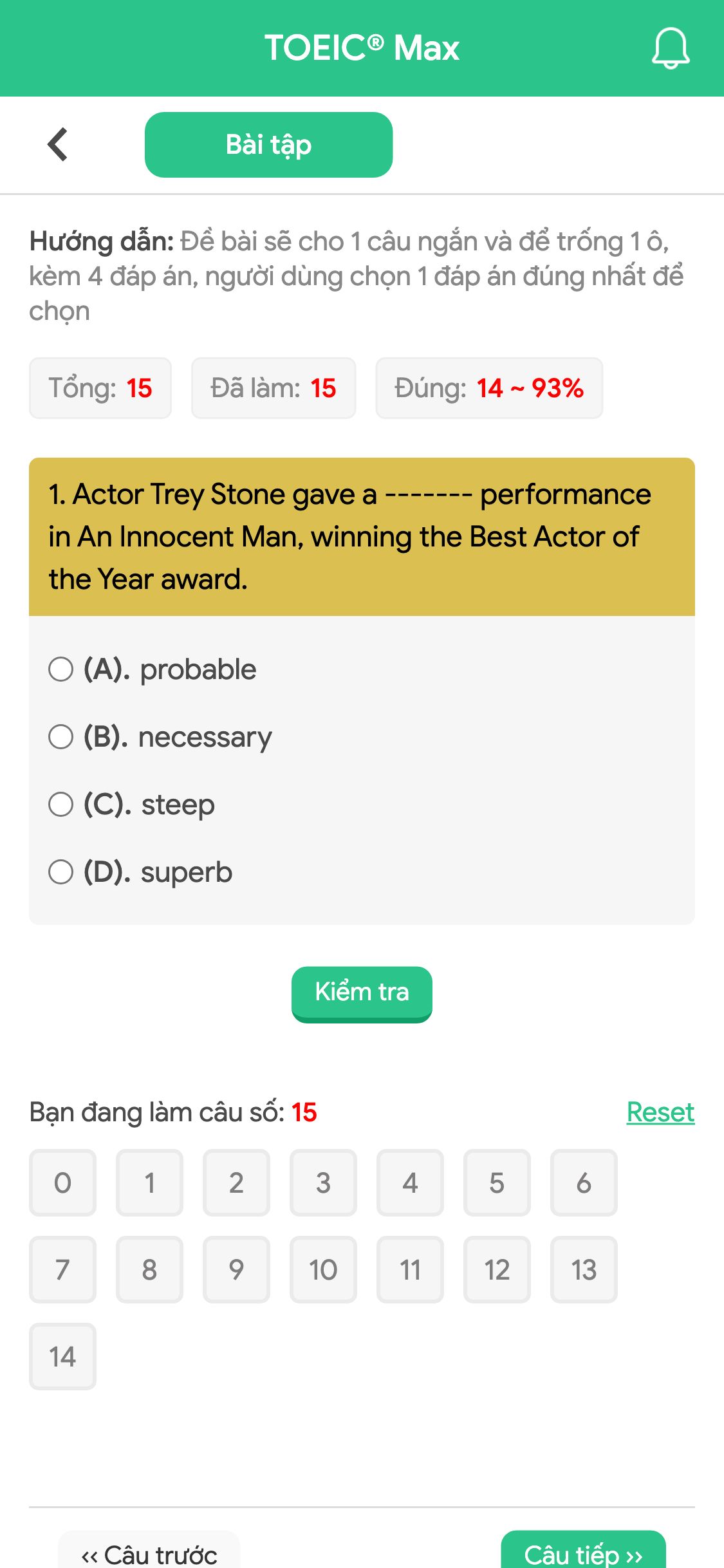 1. Actor Trey Stone gave a ------- performance in An Innocent Man, winning the Best Actor of the Year award.