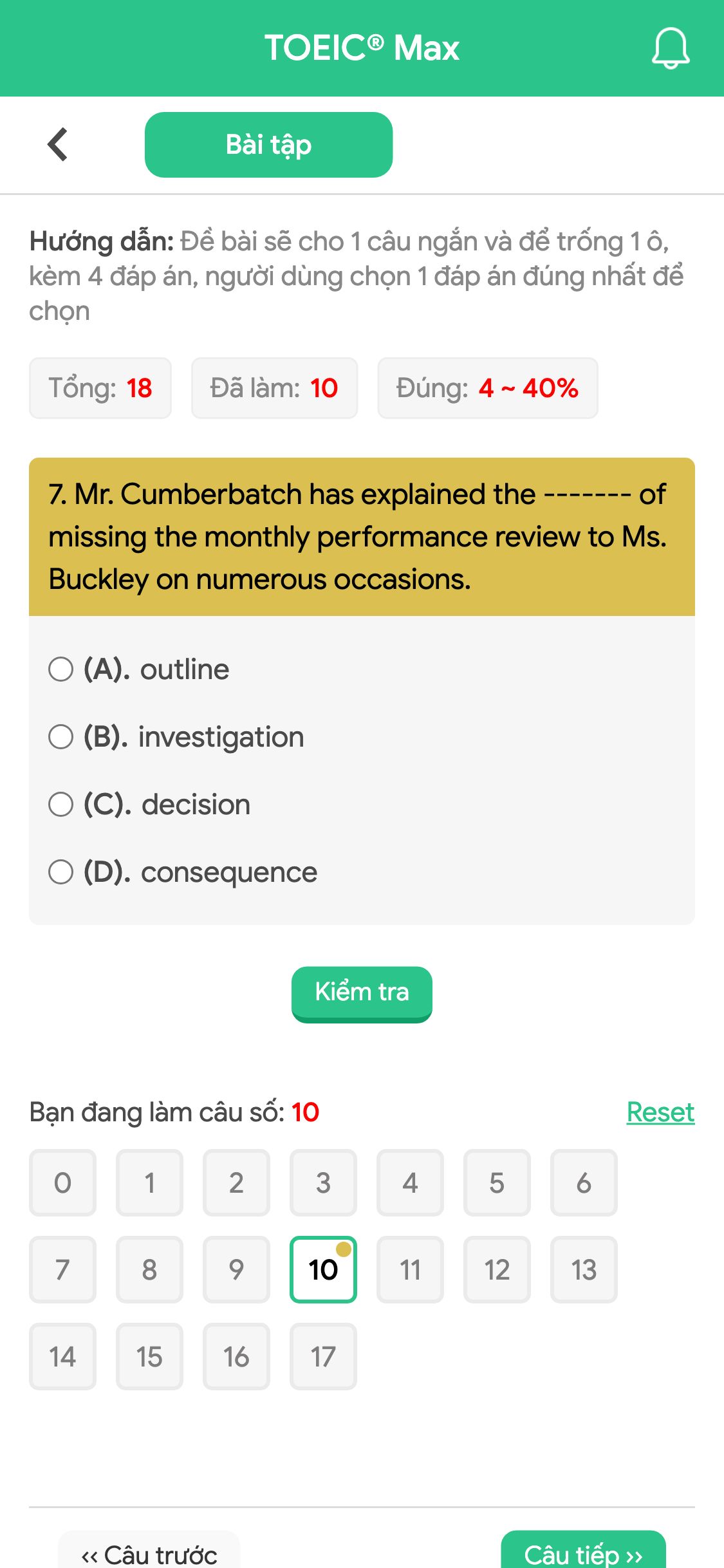 7. Mr. Cumberbatch has explained the ------- of missing the monthly performance review to Ms. Buckley on numerous occasions.