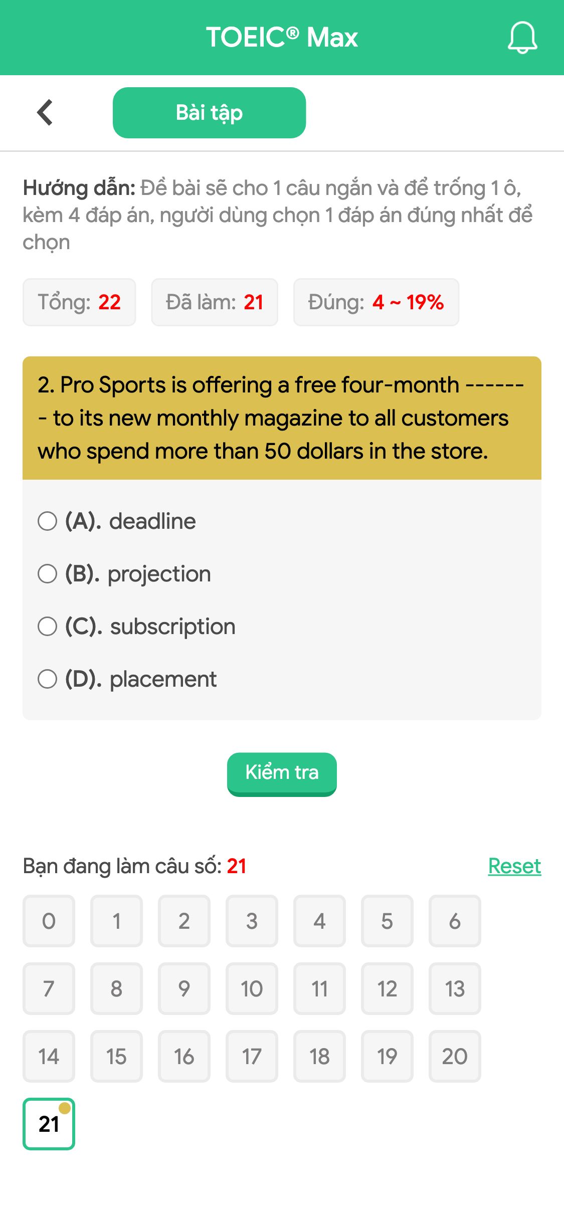 2. Pro Sports is offering a free four-month ------- to its new monthly magazine to all customers who spend more than 50 dollars in the store.