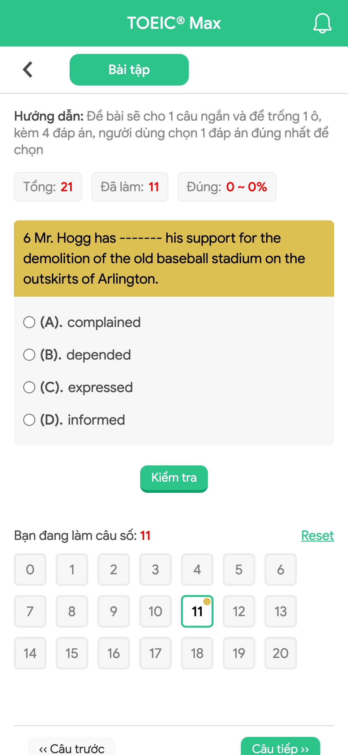 6 Mr. Hogg has ------- his support for the demolition of the old baseball stadium on the outskirts of Arlington.