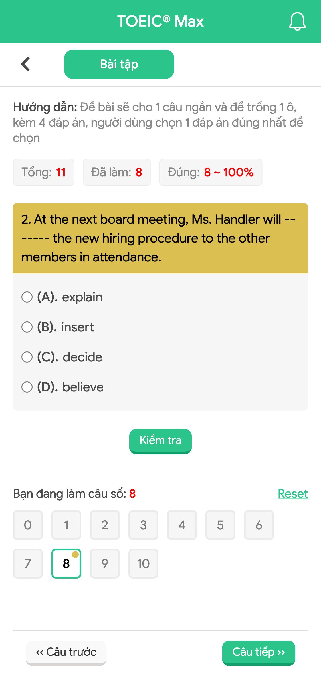 2. At the next board meeting, Ms. Handler will ------- the new hiring procedure to the other members in attendance.