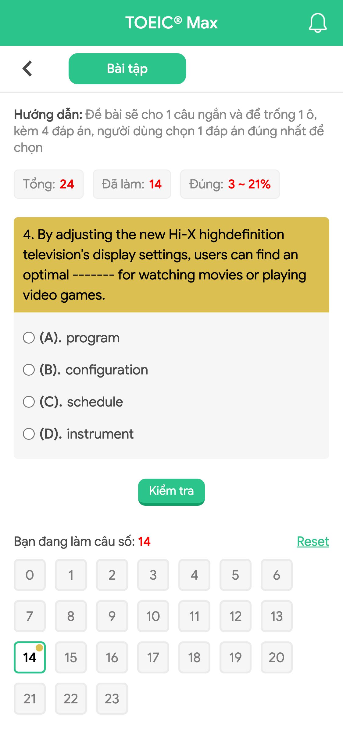 4. By adjusting the new Hi-X highdefinition television’s display settings, users can find an optimal ------- for watching movies or playing video games.